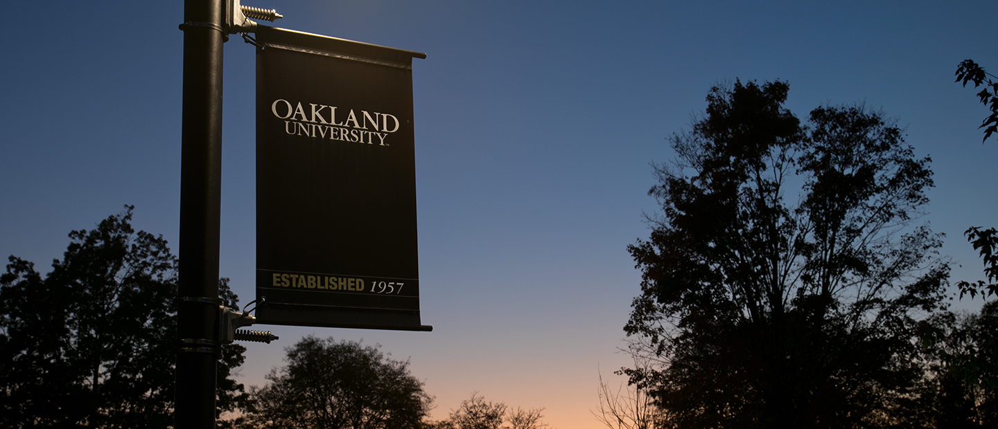 An Oakland University banner hanging on a light post outside with a setting sun in the background.