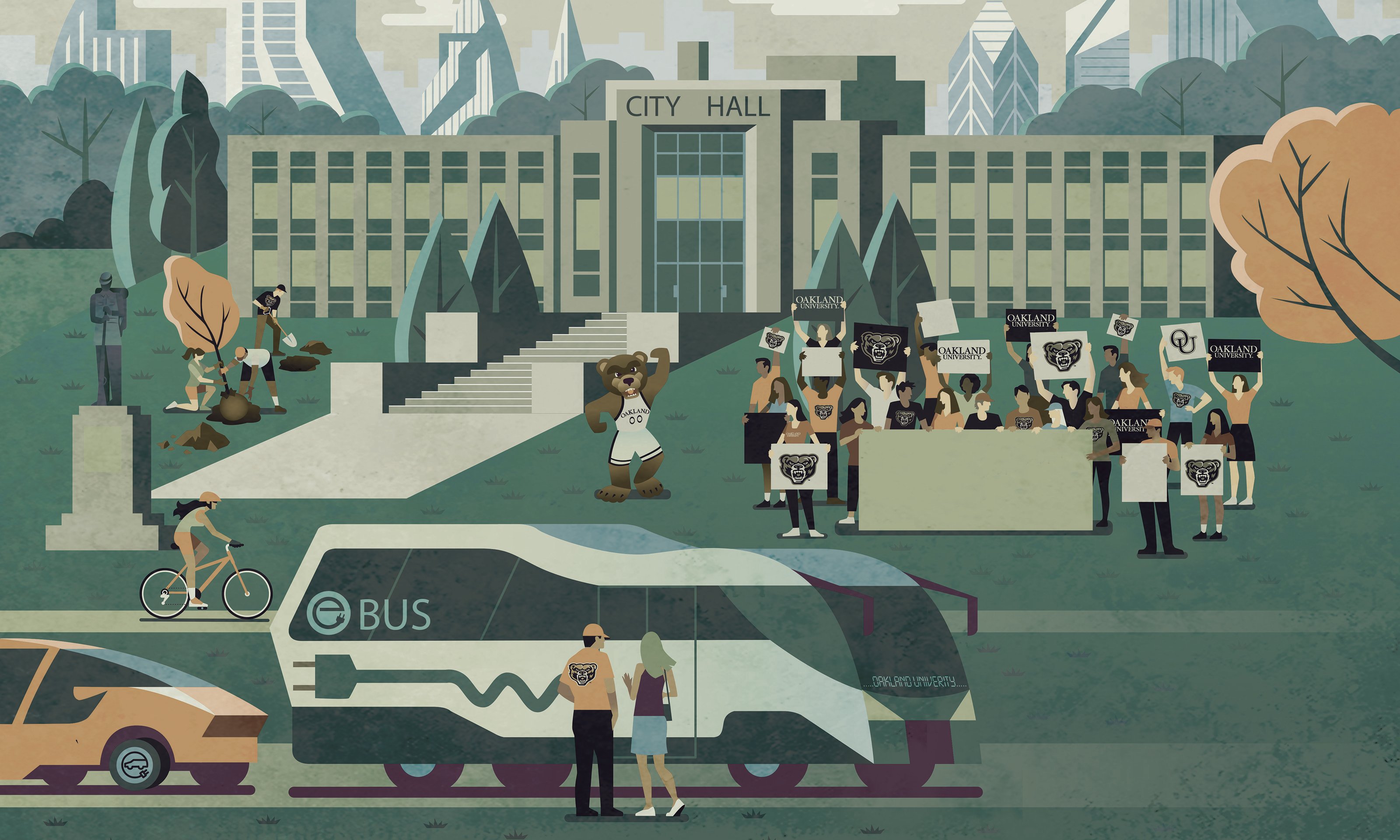 Illustration of Pontiac City Hall with OU students and grizz bear cheering outside. People planting trees to the right and bus and cyclist in the foreground.