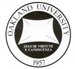 Round Oakland University seal with text on the outside and a white with the words "Seguir virtute e canoscenza" beneath it.
