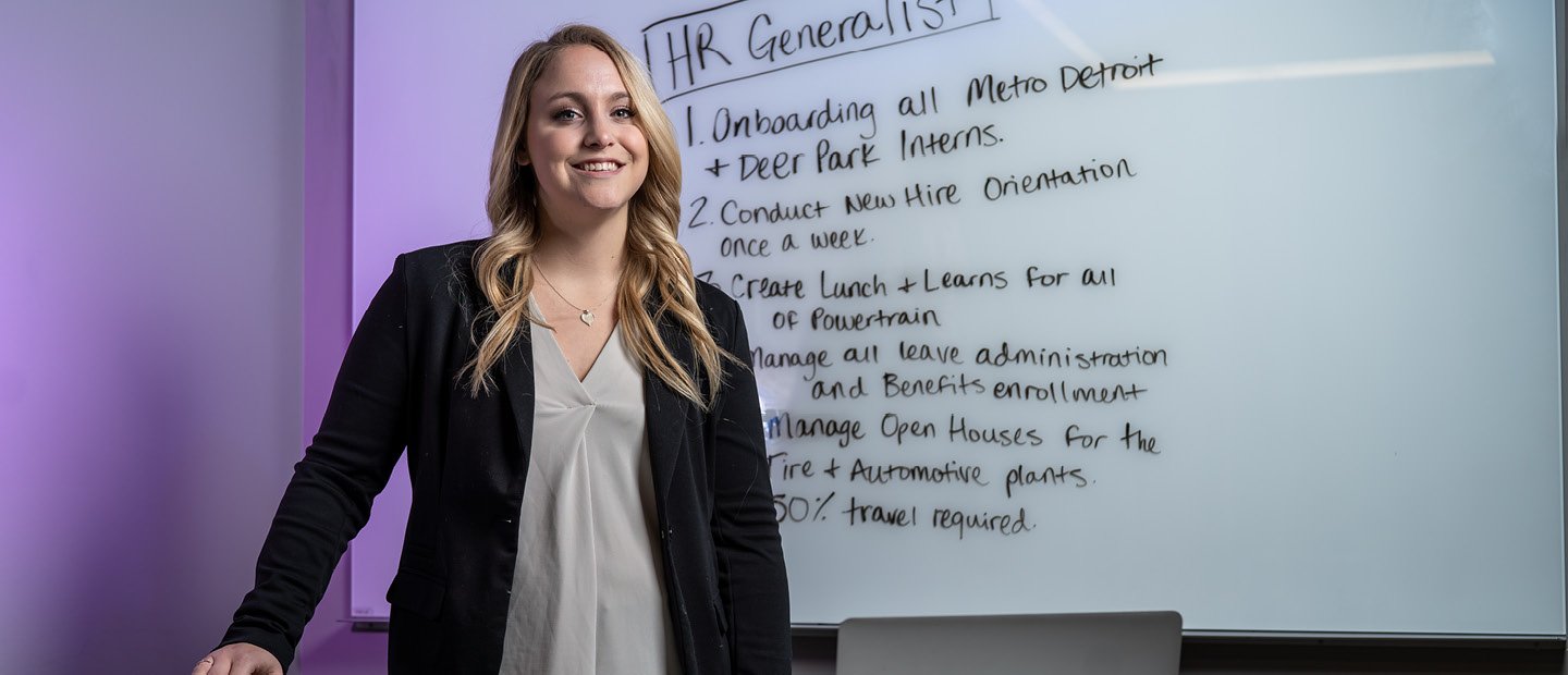 A young woman standing in front of a white board with "HR Generalist" and a list of tasks written on it.
