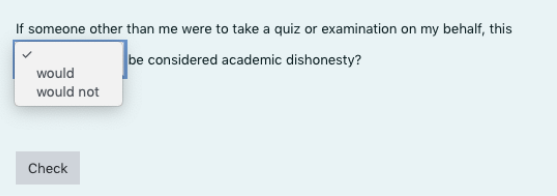 Single question shows this text asking students to select whether it would or would not be considered academic dishonesty: If someone other than me were to take a quiz or examination on my behalf...