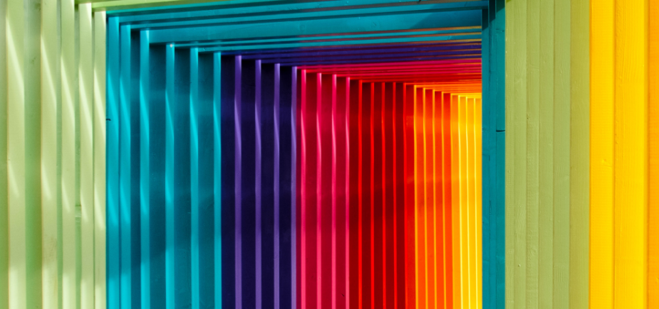 Hallway lined with rainbow colors