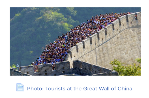 Photo of the Great Wall of China crowded with tourists and a link to an explanatory document underneath.