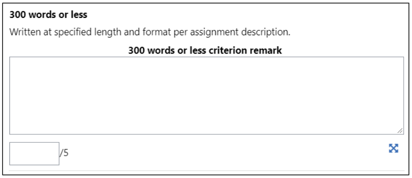 The criterion says, "300 words or less: Written at specified length and format per assignment description." A comment box and numerical score box out of 5 is available below.