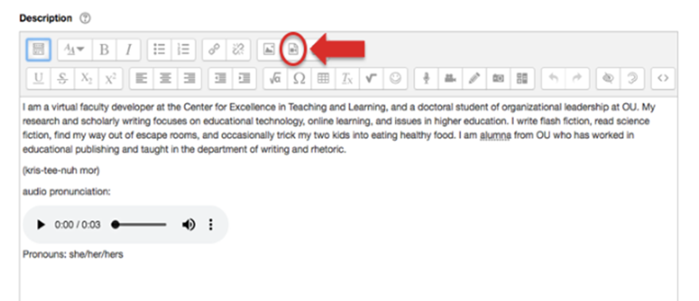 Screenshot from Moodle's profile text editor that shows text biography and an audio player that will share name pronunciation.