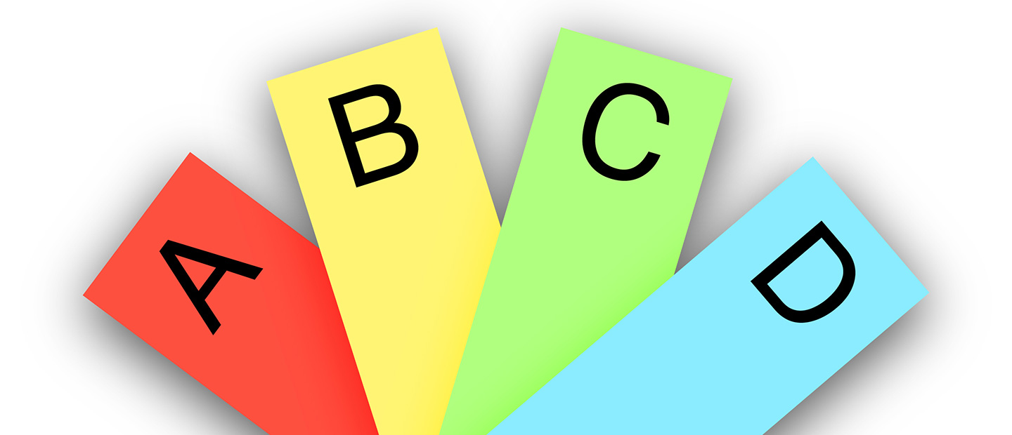 cards used for choosing an answer in class, showing options A, B, D, and D