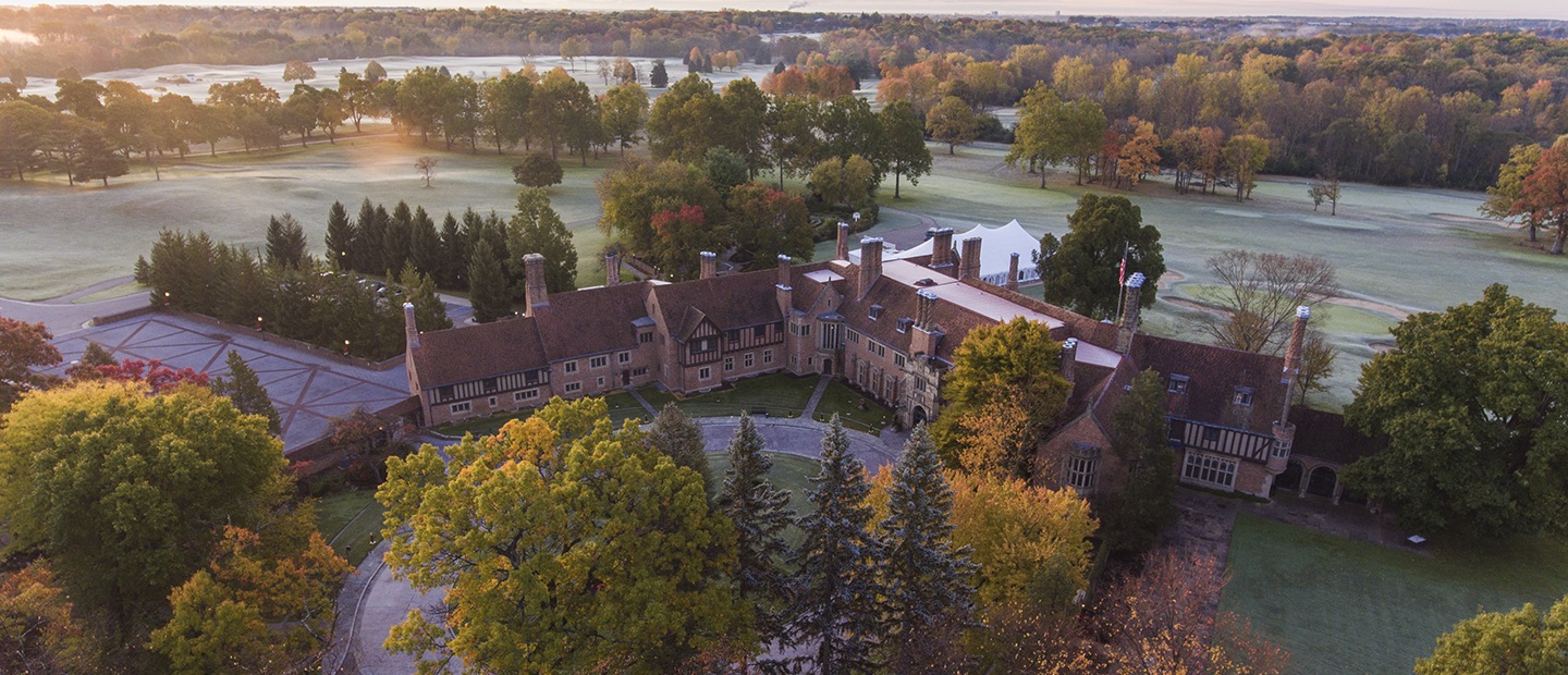 aerial photo of Meadow Brook Hall at dawn