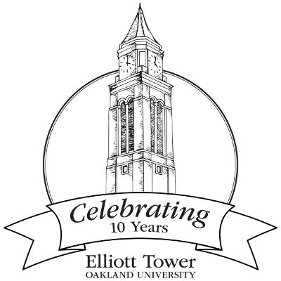 A graphic of Elliott Tower with the words "Celebrating 10 Years" and "Elliott Tower Oakland University" beneath it