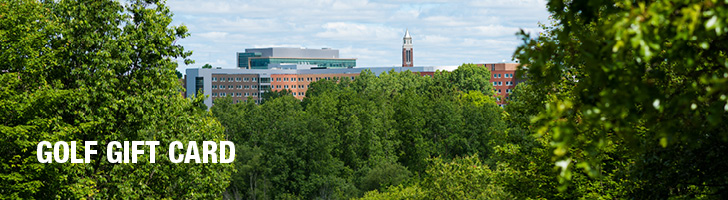 image of trees with Oakland University buildings in the background with the text "Golf Gift Card"