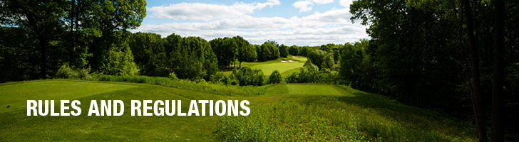 wide shot image of a golf course with the text "Rules and Regulations"