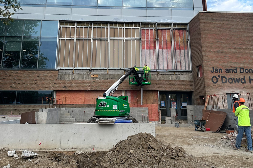An image of construction underway at O'Dowd Hall