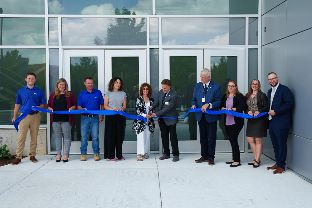 An image of the ribbon-cutting at O'Dowd Hall