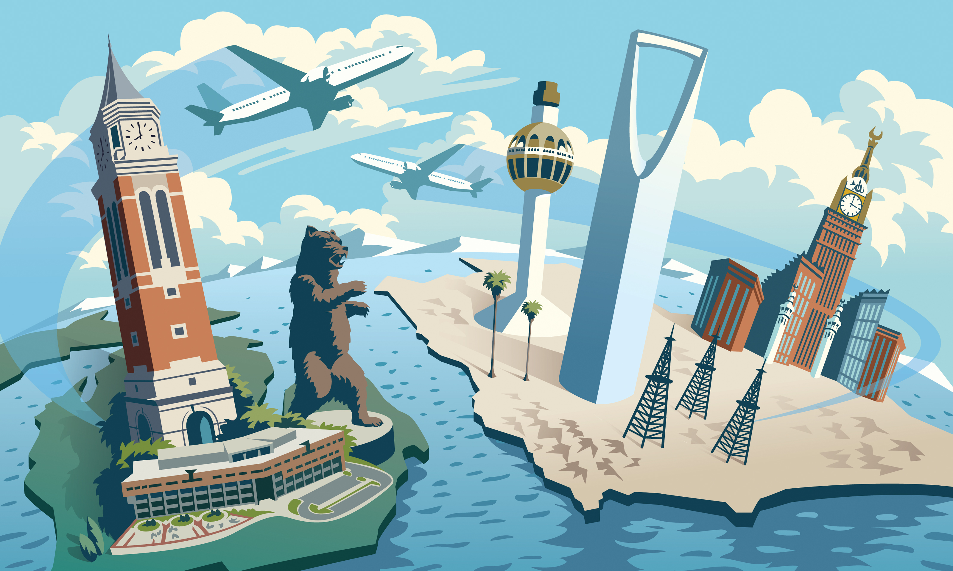 Illustration depicting airplane travel from Saudi Arabia to Michigan