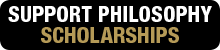 black button with "Support Philosophy Scholarships" in gold and white text