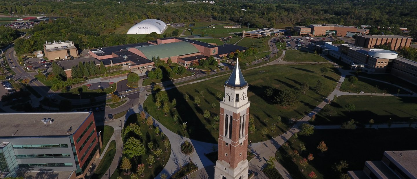 An aerial photo of Oakland University's campus.