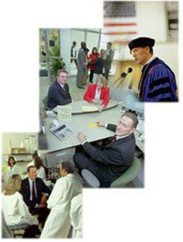 three photo collage of Gary Russi: speaking into a microphone, seated at a table and speaking to people in white lab coats