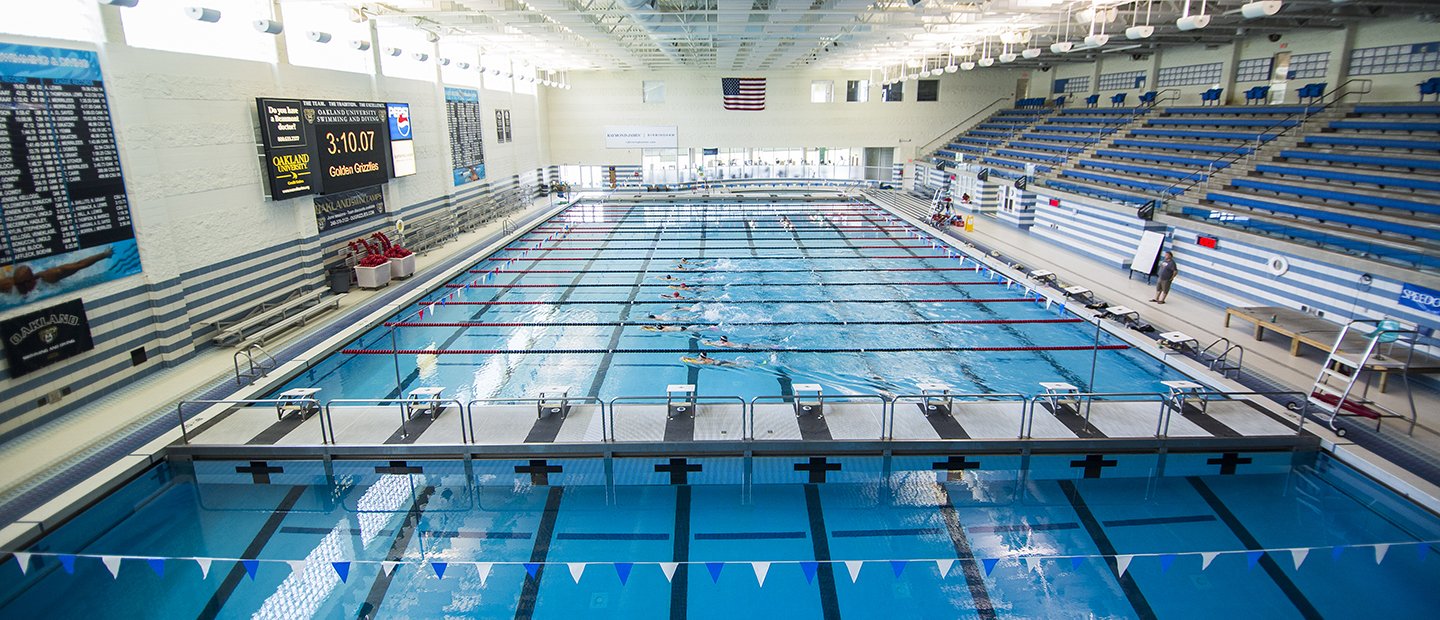 An aerial view of the pool at Oakland University's aquatic center.
