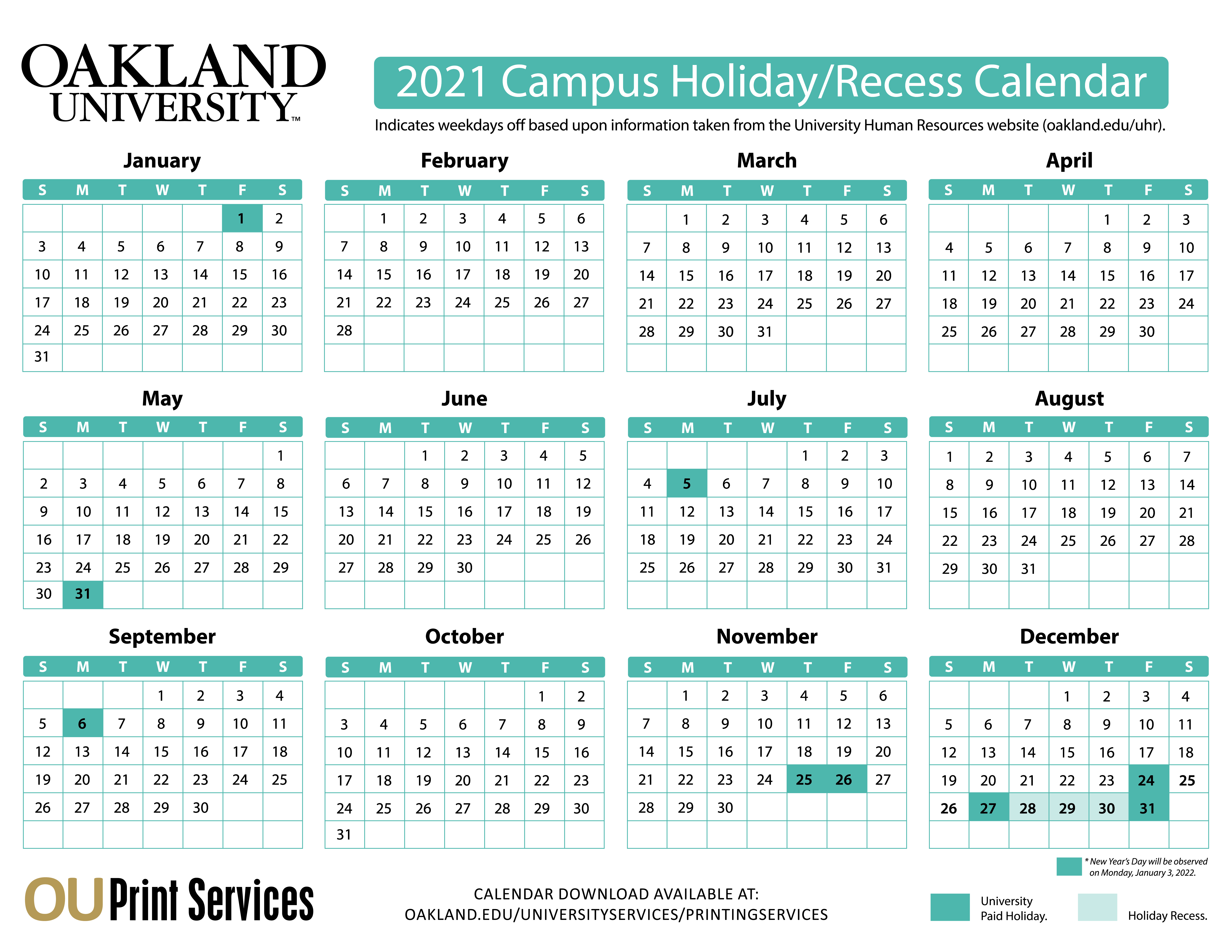 Oakland University Calendar Printable Word Searches