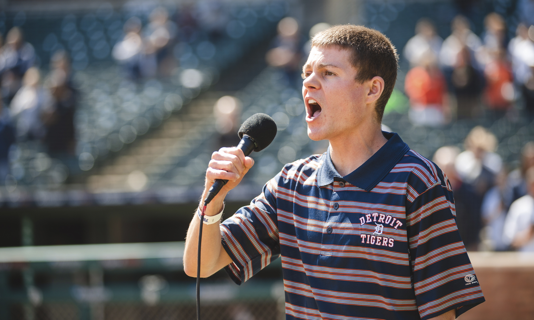 Brian Connors sings the national anthem at Comerica Park during a 2021 Detroit Tigers game