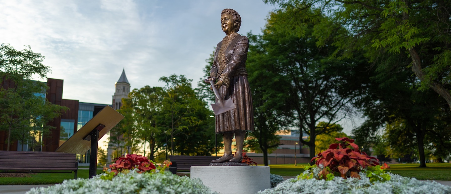 A statue of Matilda Dodge Wilson on Oakland University's campus