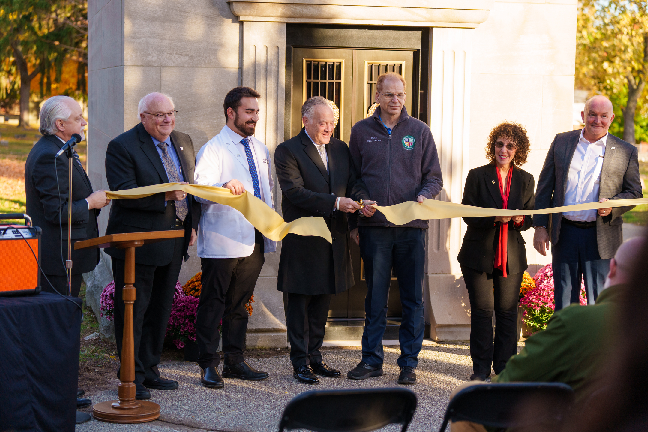 Officials from OUWB, Pixley Funeral Homes, and the city of Rochester cut the ribbon for the OUWB Mausoleum and Receiving Vault on Oct. 28, 2022