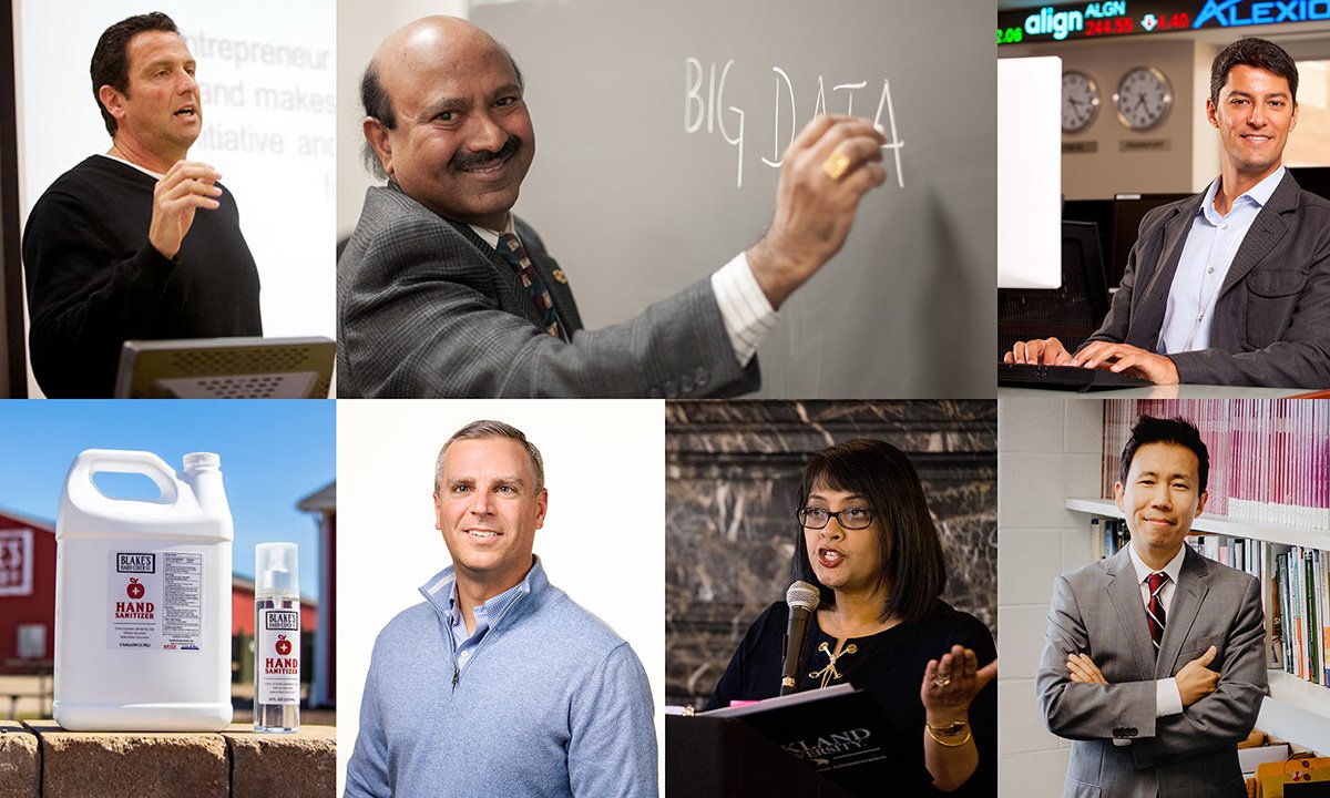 Photo collage, top row man speaking, smiling man writing on bblackboard, man at computer. Second row bottle of Blake Farms hand sanitizer, headshot male, woman at lecturn, man in front of bookcase.