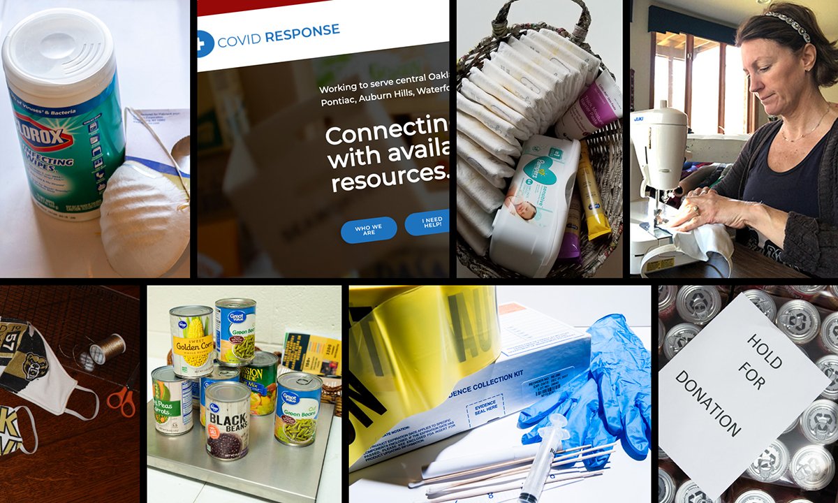 A montage of community service activities - food pantry, woman sewing masks, covid response website