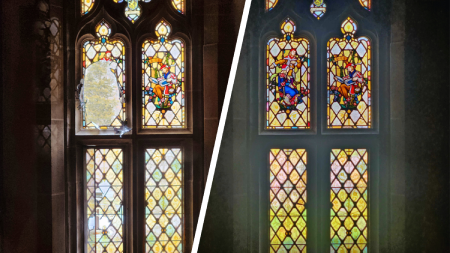 side by side view of broken and repaired window