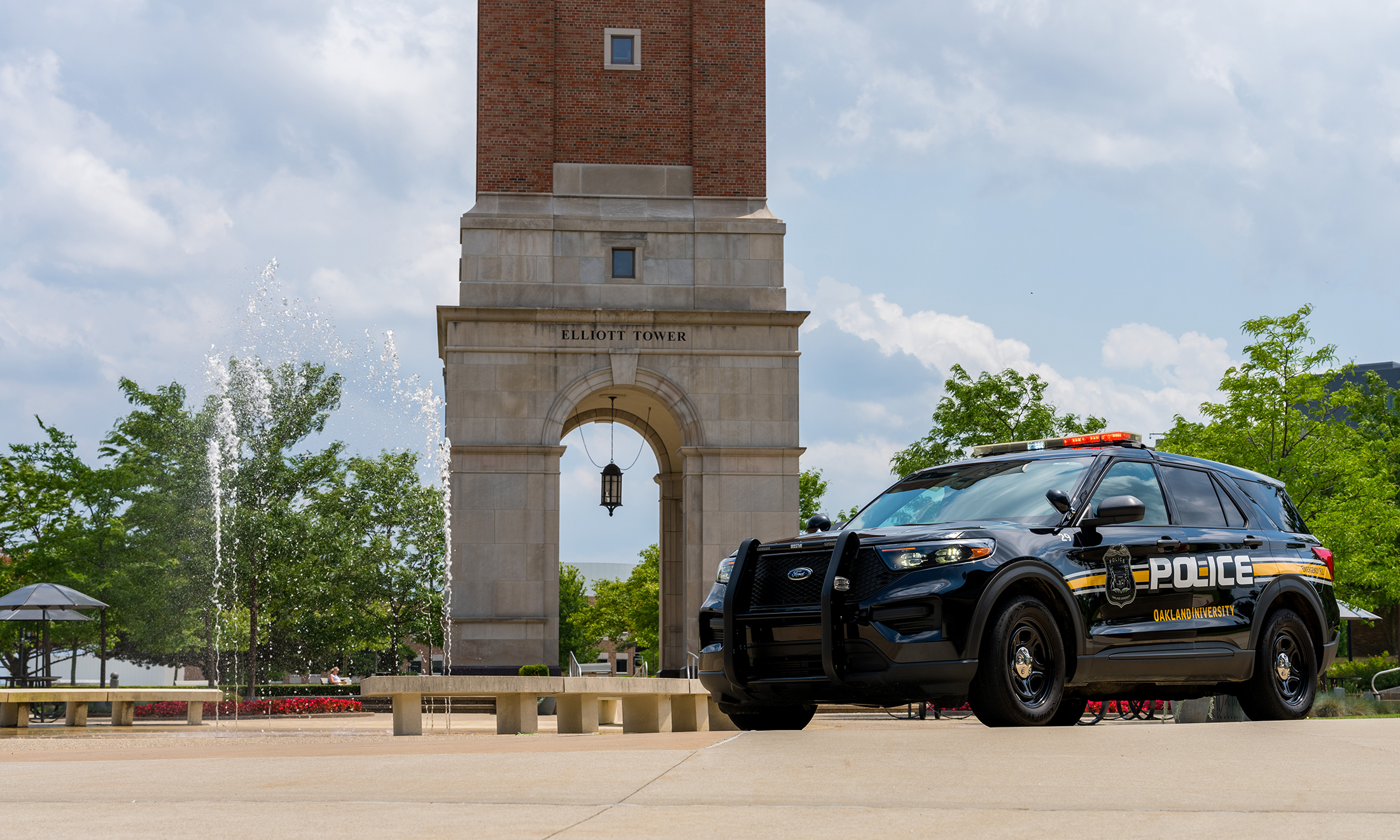 Police vehicle near Elliott Tower