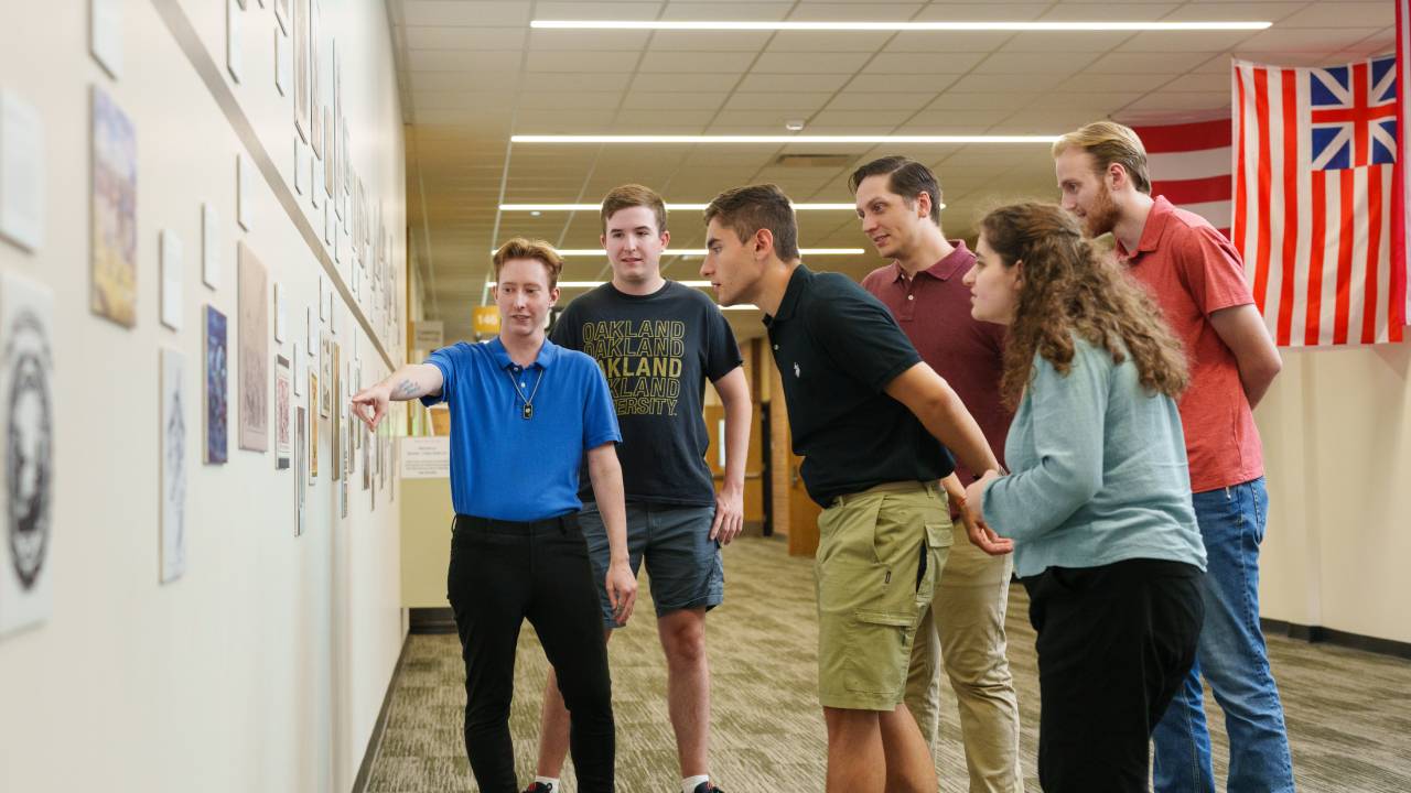 students looking at timeline