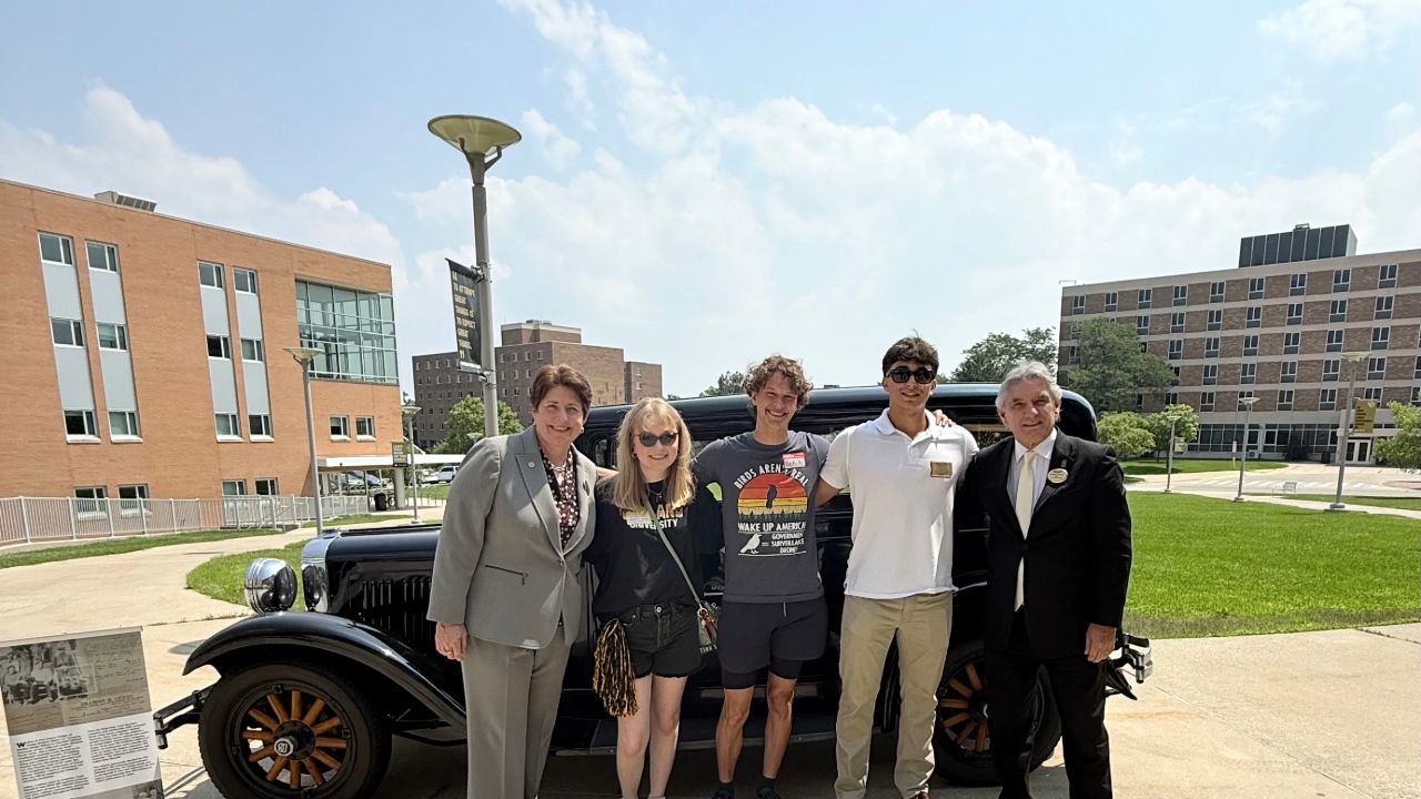 Graeme Harper and Amy Thompson with students