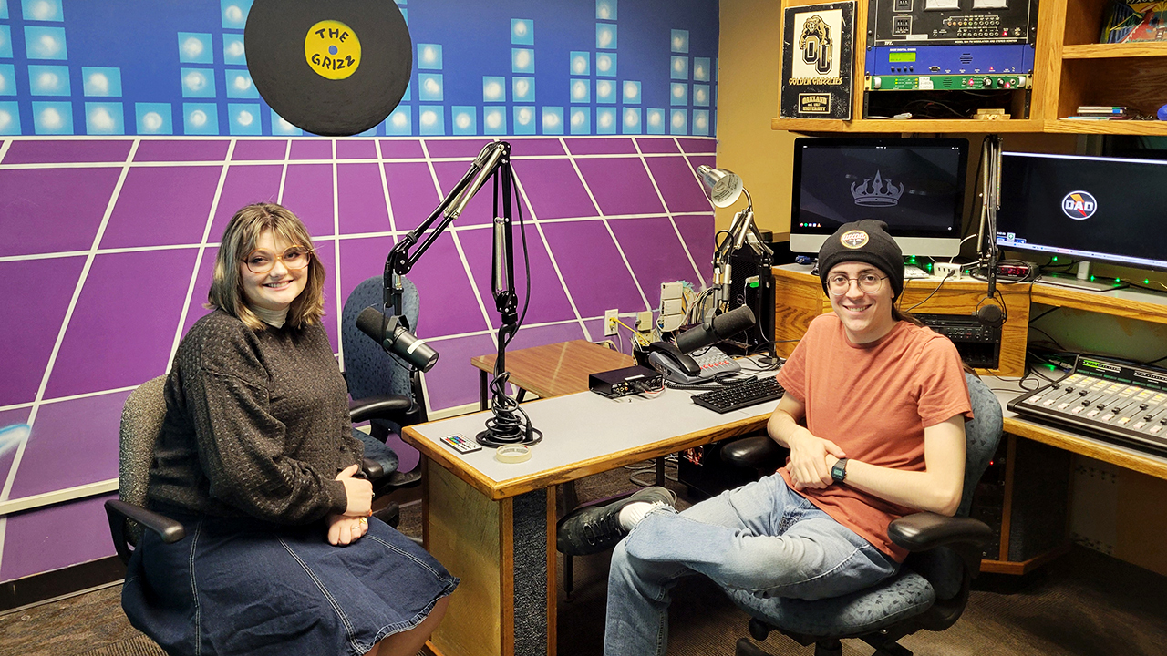 Maya Kirksey and Logan Pizzurro in WXOU studio