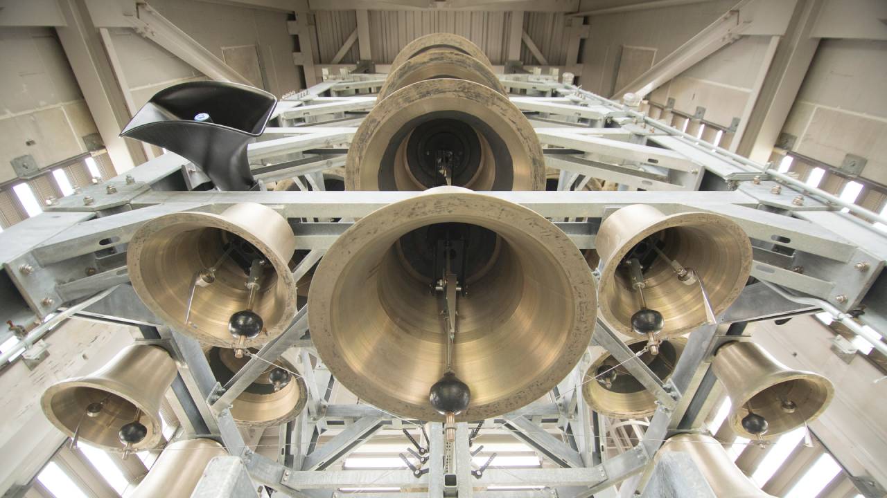 The carillon bells inside OU's Elliott Tower