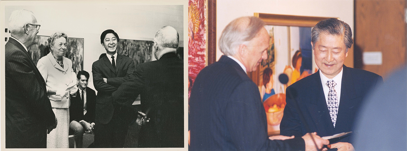 Two photos side-by-side: Photo 1: Kiichi Usui at the beginning of his career, Photo 2: Kiichi Usui at his retirement party