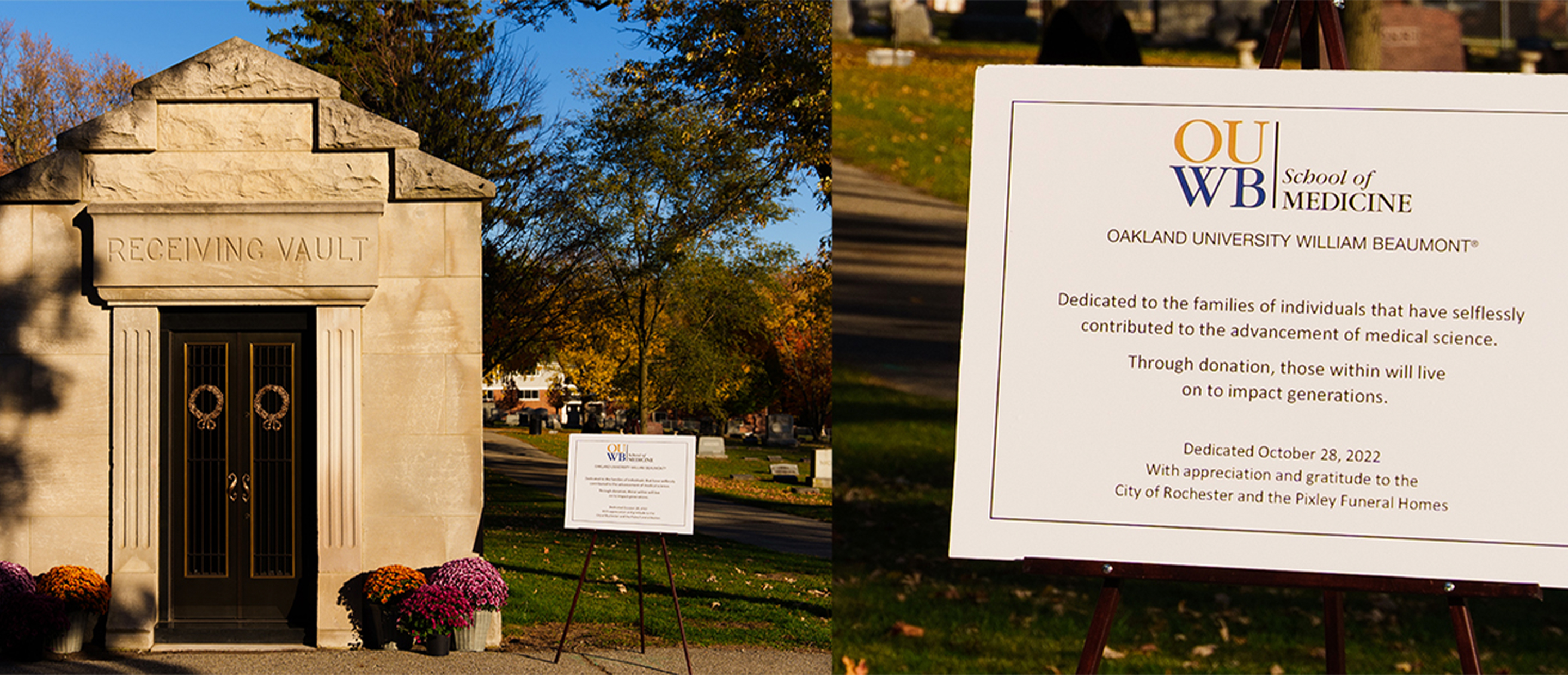 An image of the mausoleum and receiving vault and a sign