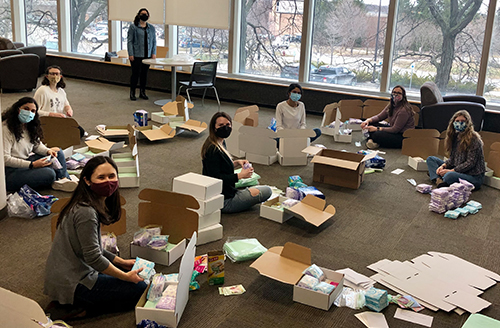 An image of students assembling care packages