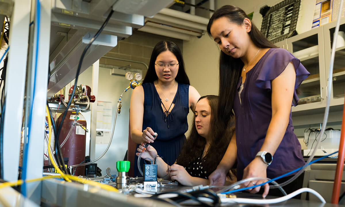 Three girls working in the lab