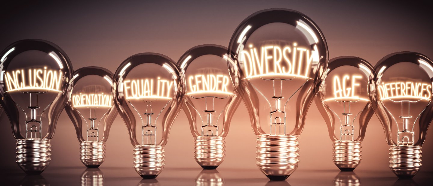 Multiple light bulbs with words written in them like Diversity and inclusion