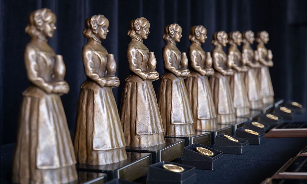 A row of Nighingale award statuettes.