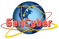 The word GenCyber across a globe with gold graphic lines