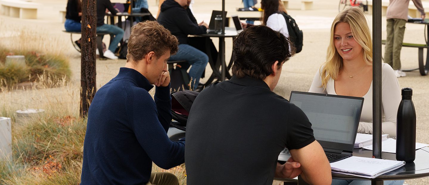 Students using laptops at tables outside