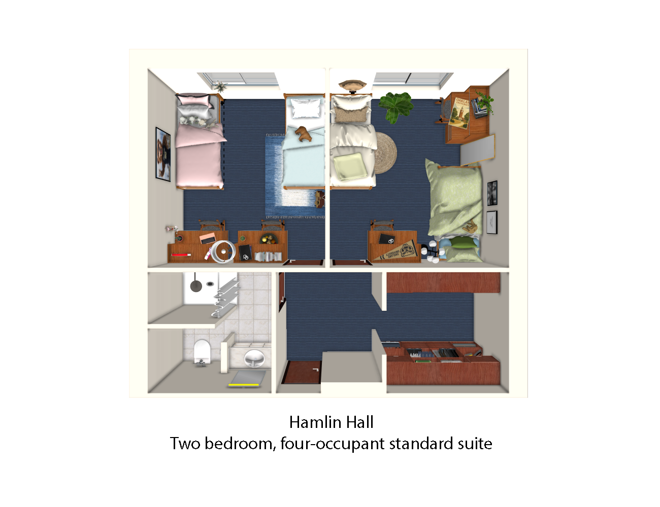 The suite layout is presented as a square. The square is split into five sections, with two larger sections on top, and three smaller sections on the bottom. The two larger sections on top are bedrooms, each with its own separate door. In the bottom left of the layout is another smaller room, which represents the bathroom included in the suite. In the bottom right of the layout is another smalle