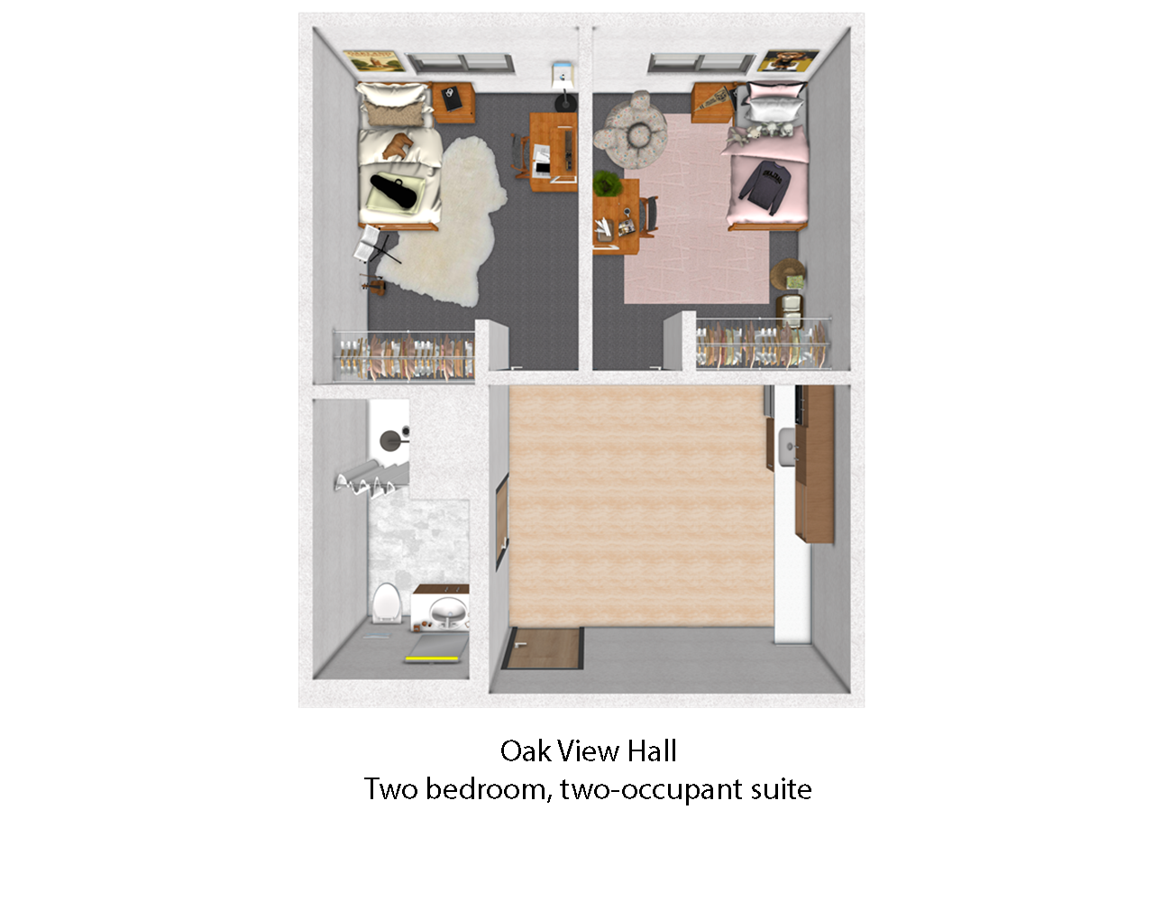 The suite layout is presented as a square. The square is divided into four primary sections. Two individual rooms with separated entrances are aligned horizontally at the top of the suite layout. Each bedroom has its own closet space located near the entrance of the room. The bottom half of the square is comprised of three smaller sections. The entrance to the suite, leads into the common living